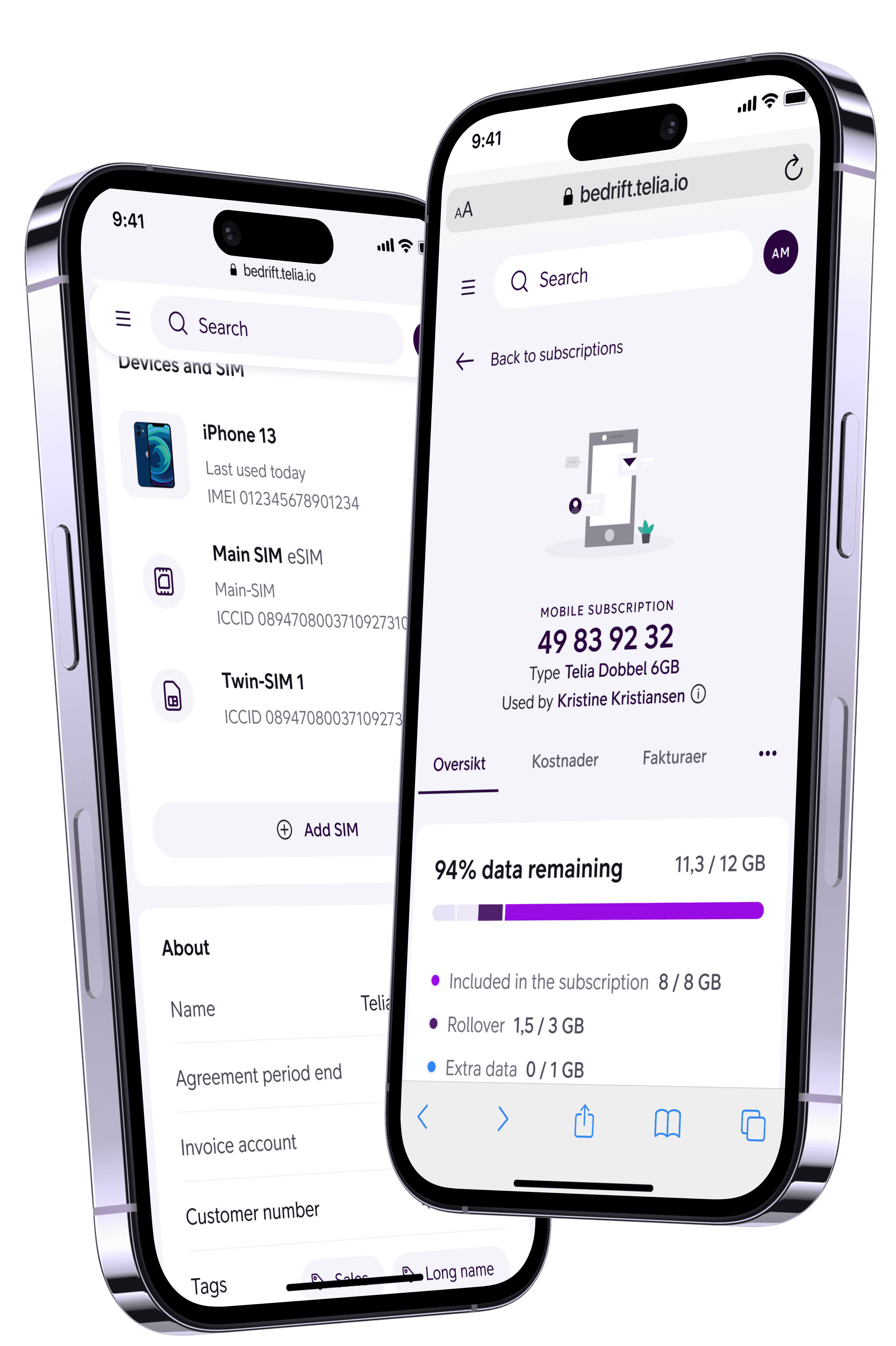 An image of two iPhone 14s with an app showing mobile subscriptions.